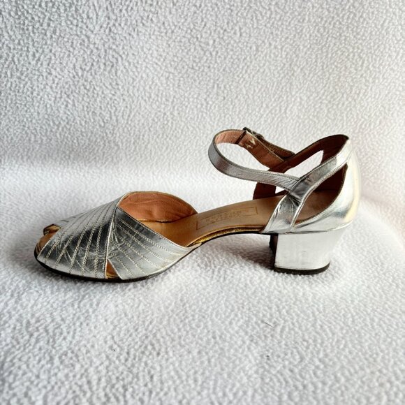 Vintage Silver Chunky Heel Peep Toe Heels Pumps - Picture 9 of 12
